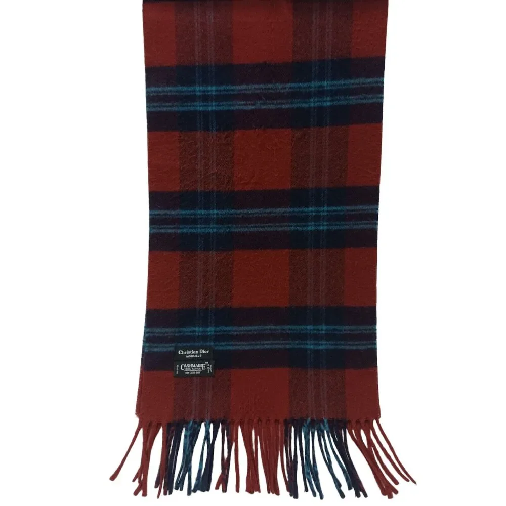 Christian Dior Cashmaire SCARF 47”x11” Red Black Plaid Tartan Monsieur was$490